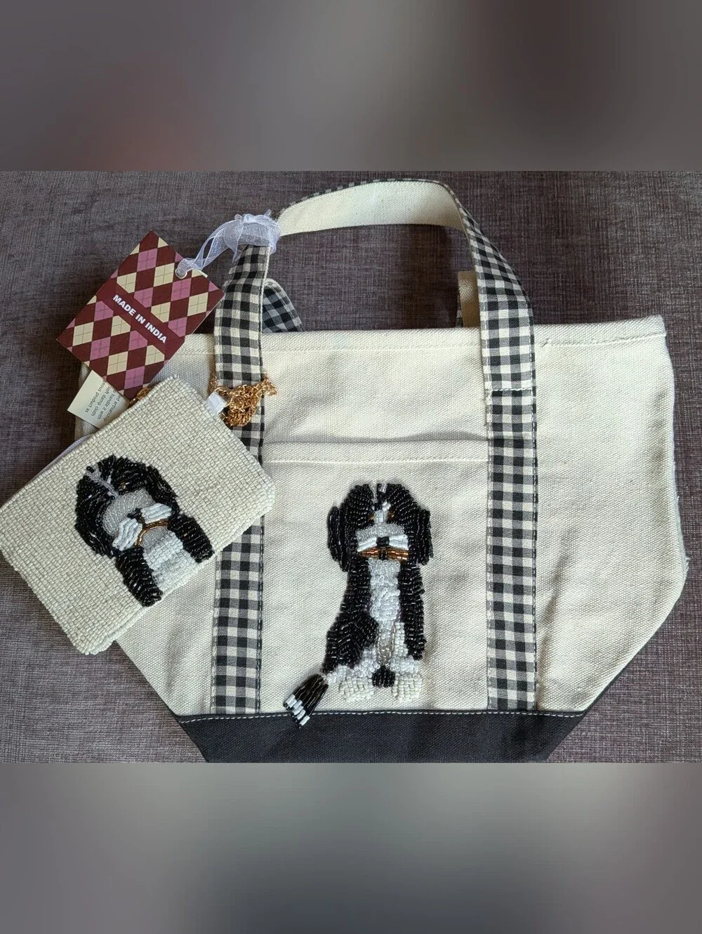 Beaded Canvas Bernedoodle Dog Mini Tote with Matching Coin Purse